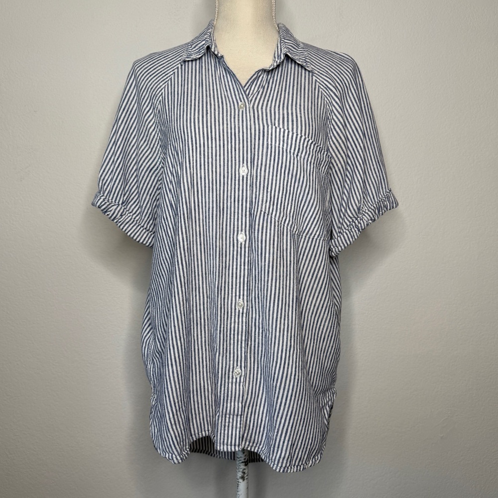 Wilfred Oversized Stripe Button Shirt Blue White Linen Rayon Blend Size M